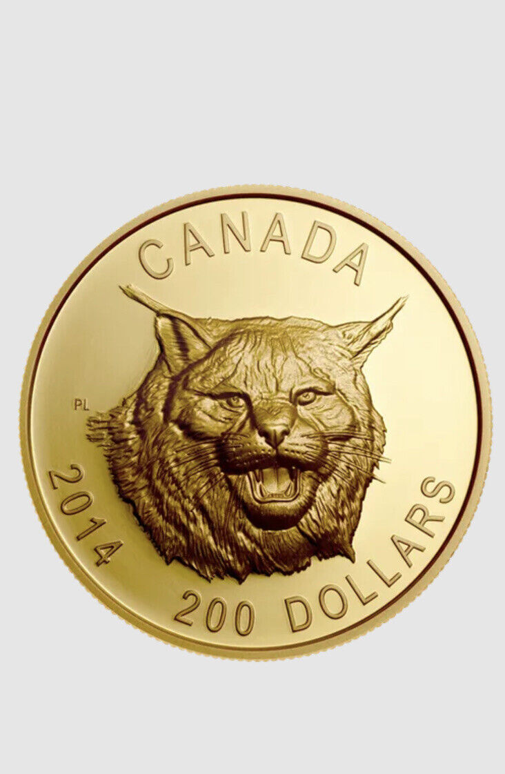 Rare Canada 2014 200$ The Fierce Canadian Lynx Pure Gold Ultra High Relief Coin