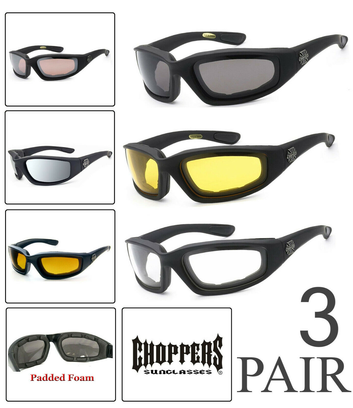 3 Pairs Choppers Padded Foam Wind Resistant Sunglasses Motorcycle Riding Glasses