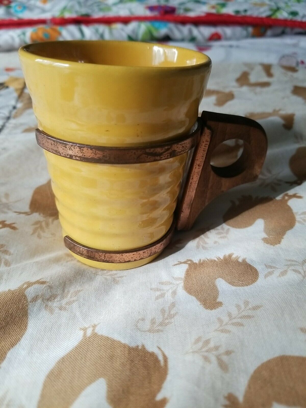 Vintage 3.5" Yellow Bauer Pottery Ring Ware Mug Cup Tumbler Wood Handle Gladding