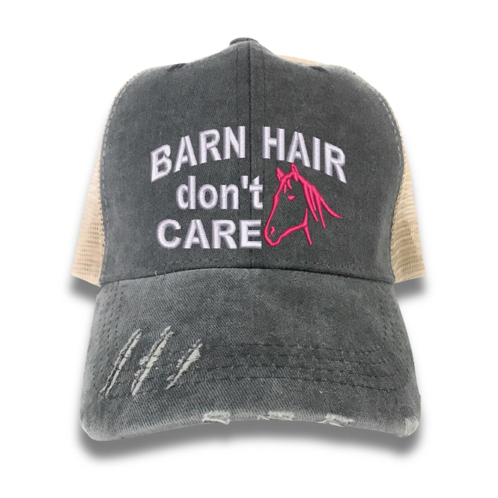 Vintage Trucker Hat Embroidery Baseball Cap Barn Hair Don’t Care Farm Horse