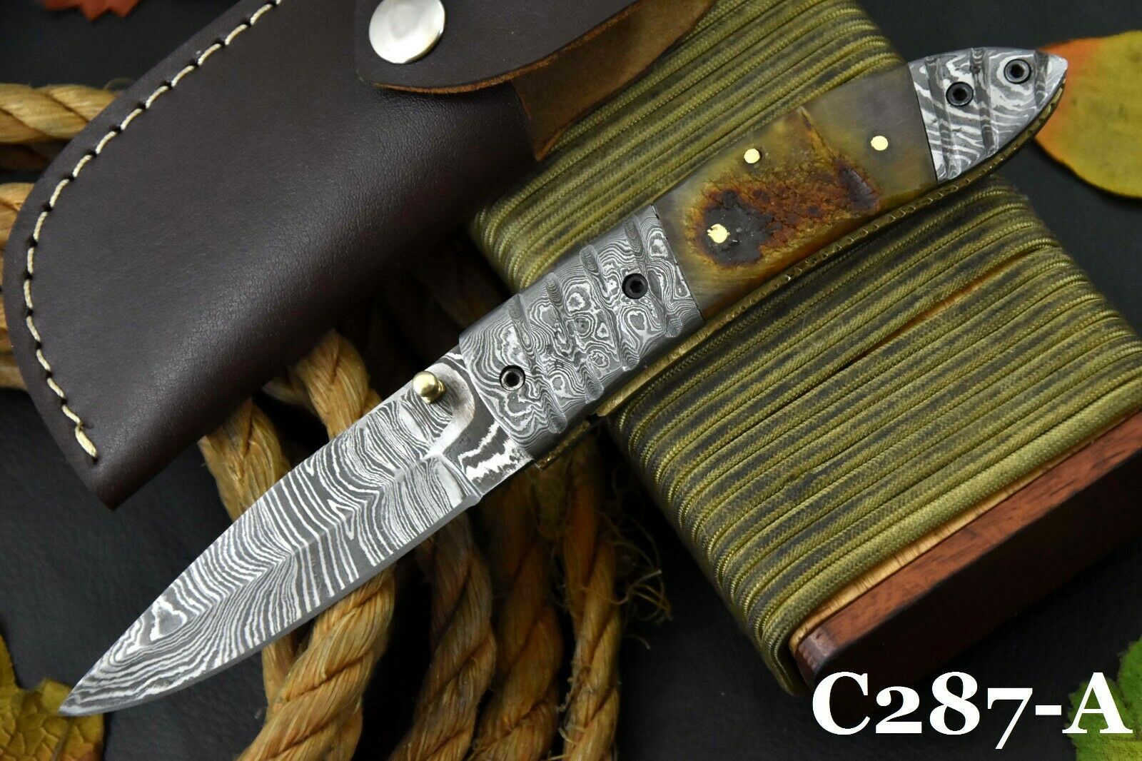 Custom Hand Forged Damascus Steel Folding Knife Handmade,rams Horn Handle(c287-a