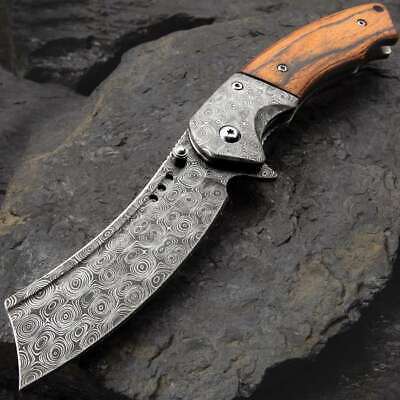 Tactical Assisted Spring Wood Pocket Knife Cleaver Razor Folding Blade Damascus