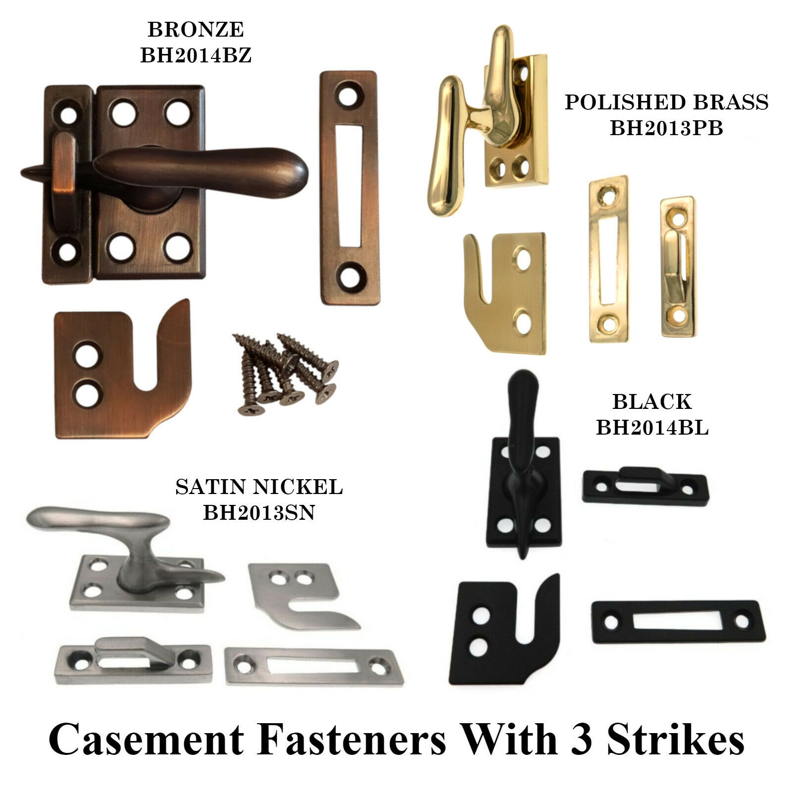 Warwick Window Lock, Casement Fastener, 3 Strikes, Black, Bronze, Brass, Nickel