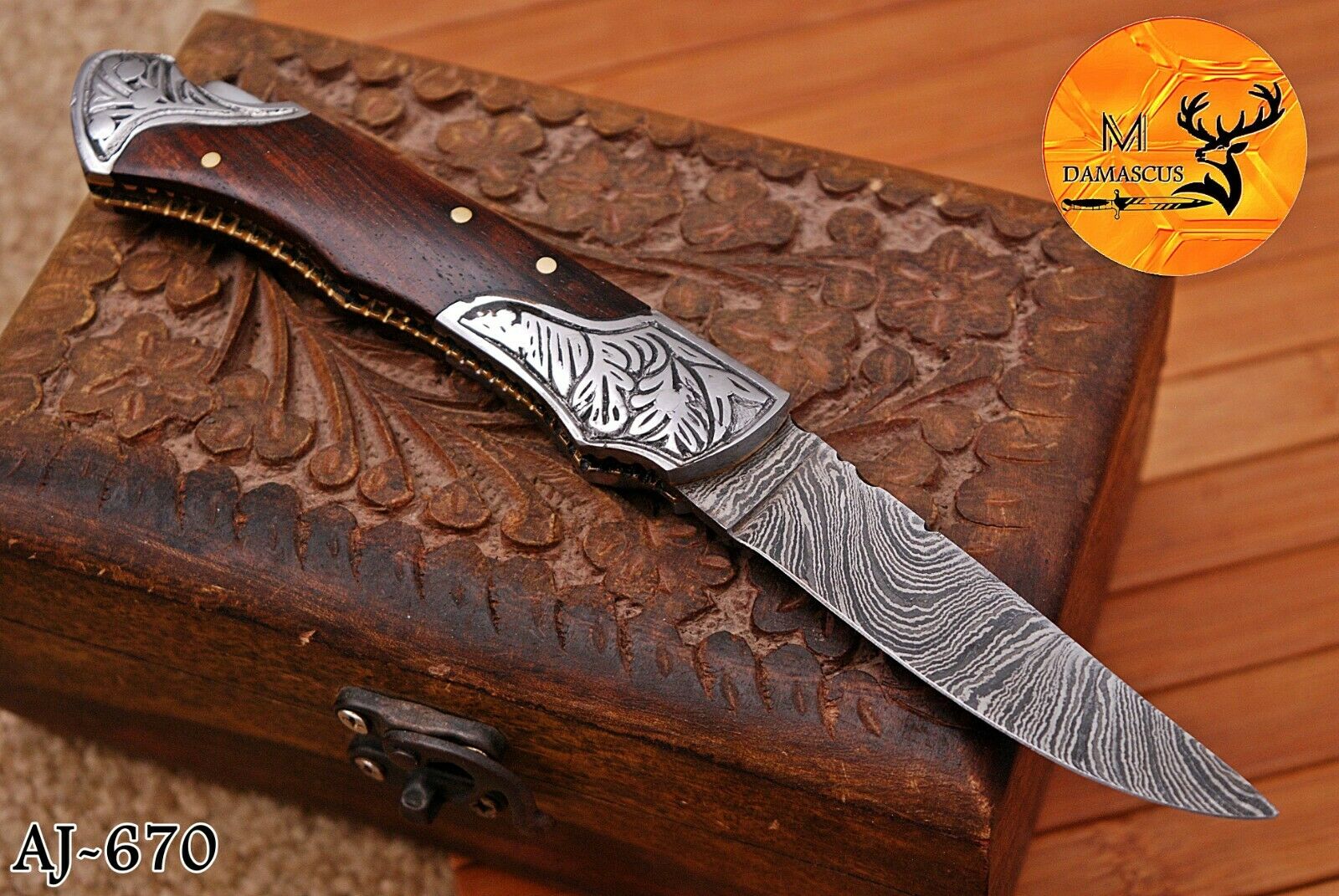 Hand Forged Damascus Steel Folding Pocket Knife With Wood Handle - Aj 670