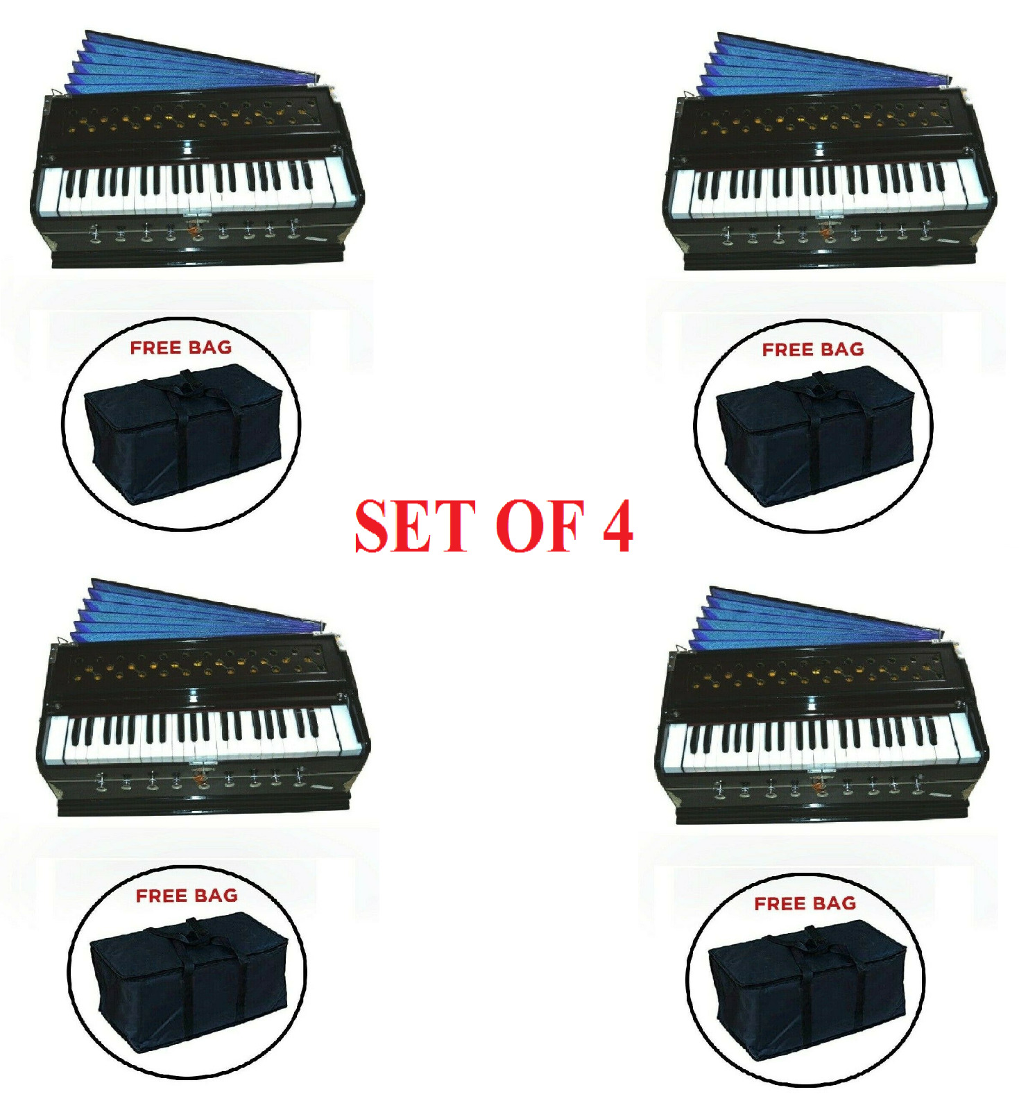 Set Of 4 Harmonium 9 Stopper Chudidaar Bellows 42 Buttons Two Reed Bass With Bag