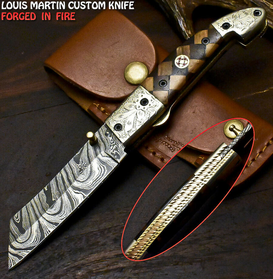 Louis Martin Rare Handmade Damascus Walnut Wood Hunting Folding Knife Liner Lock
