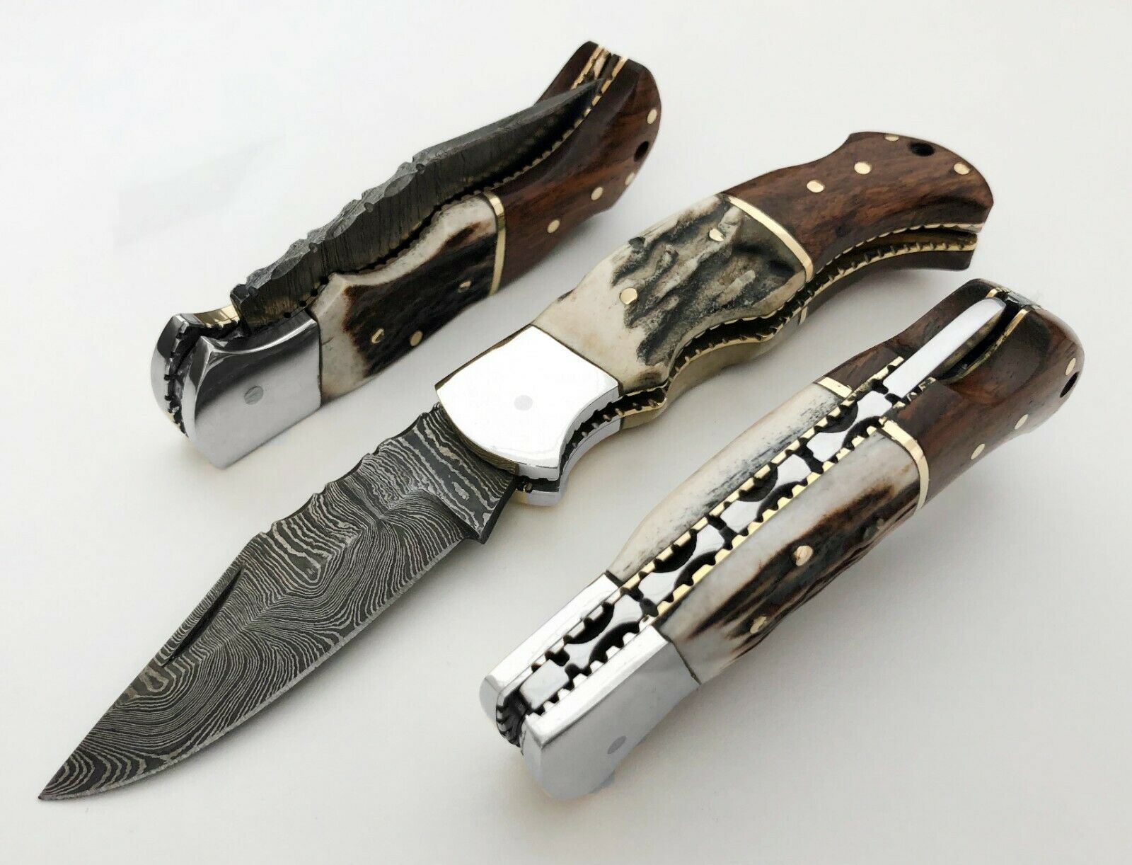Damascus Steel Folding Pocket Knife 6.5" Stag Antler Handle With Leather Sheath