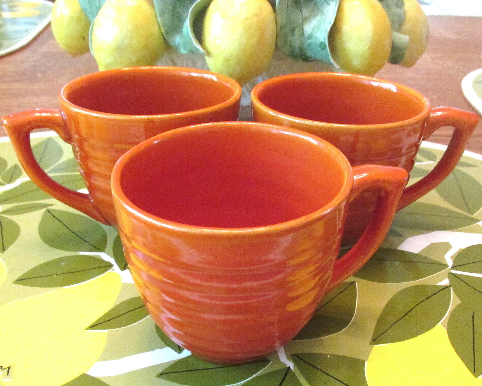 3 Orange Bauer Pottery Ring Coffee Cups
