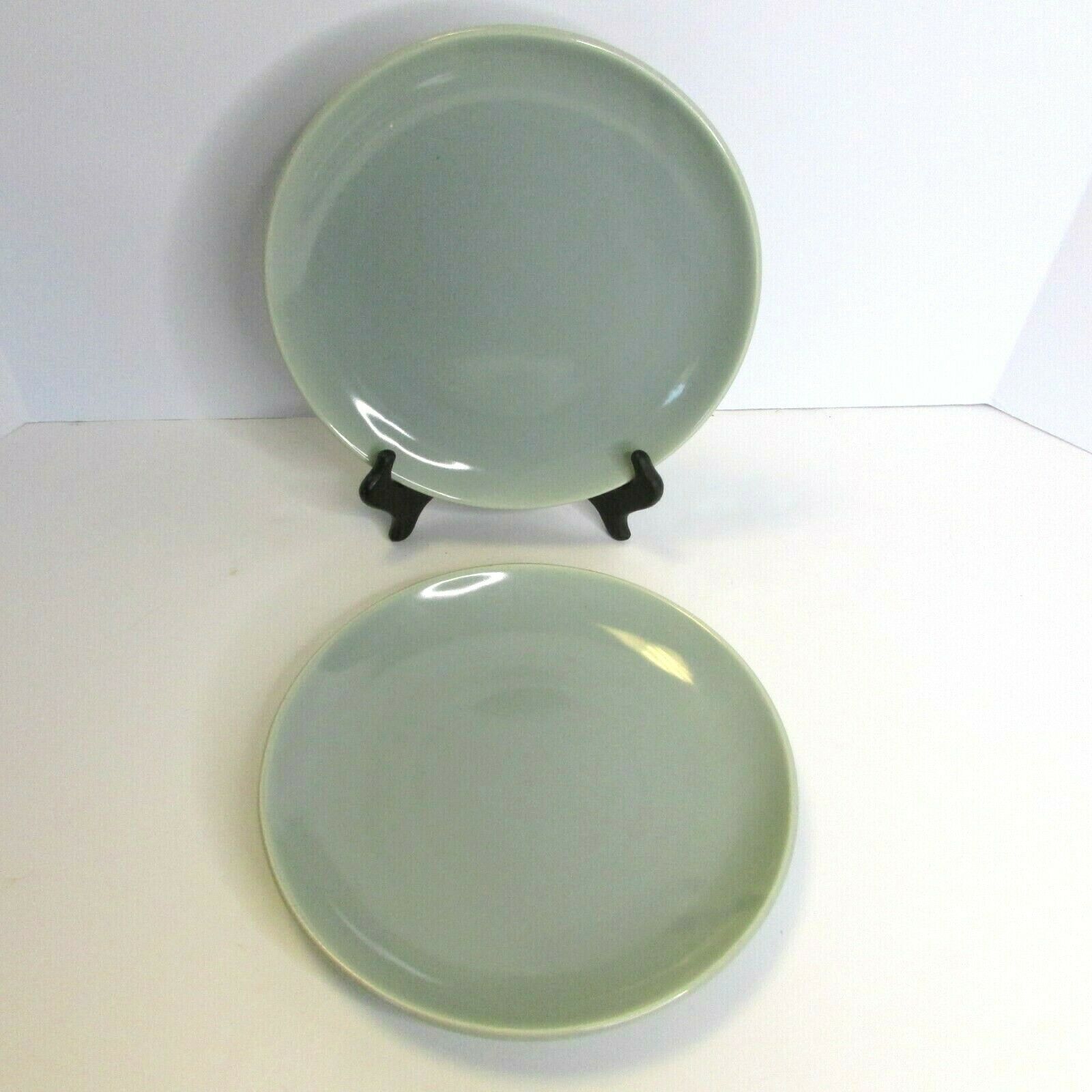 2 Bauer Plates Los Angeles Pottery 9.5" Luncheon Salad Gray Green Stoneware Usa