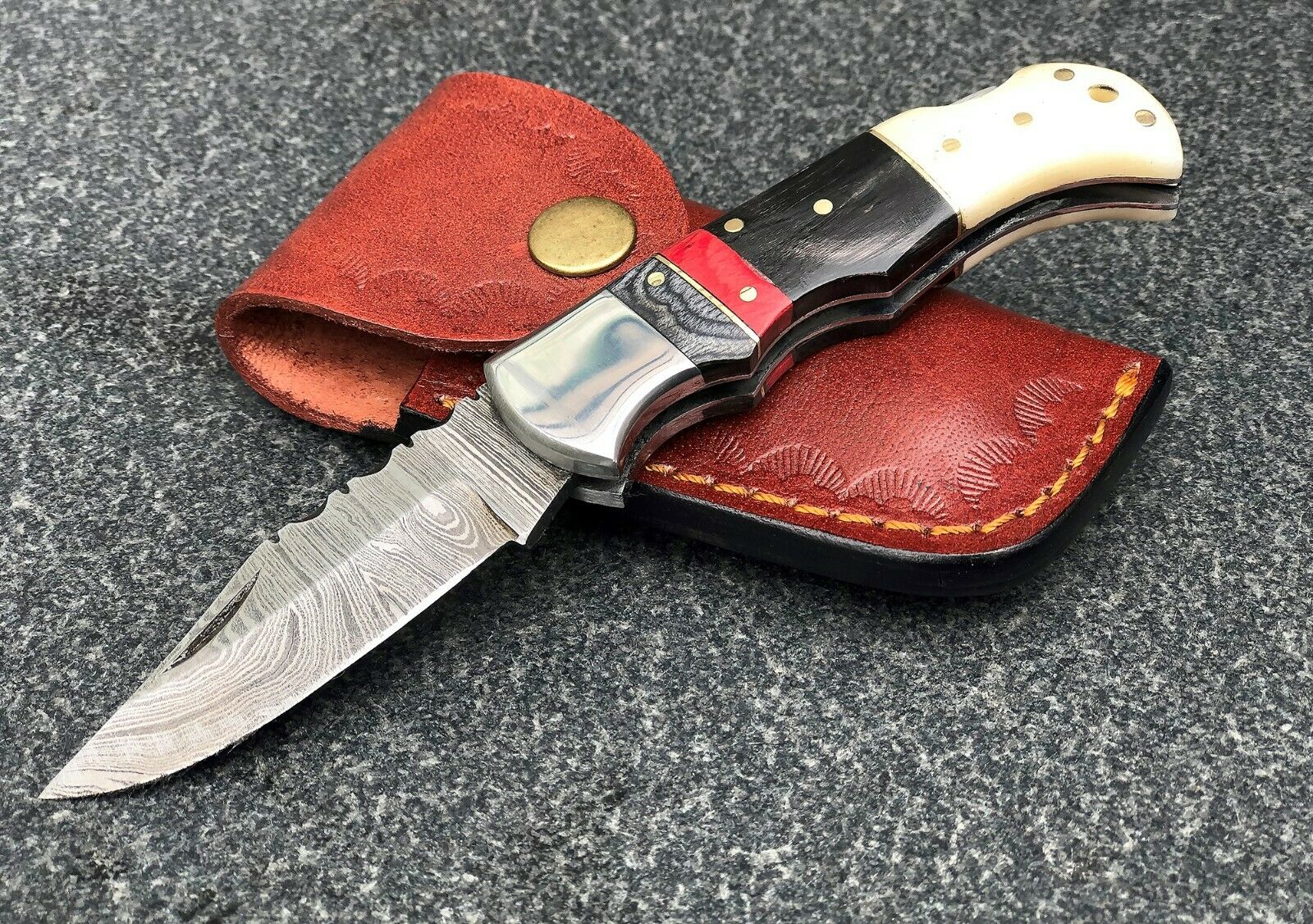 Damascus Steel Folding Knife With Stainless Steel Wood Handle + Leather Sheath